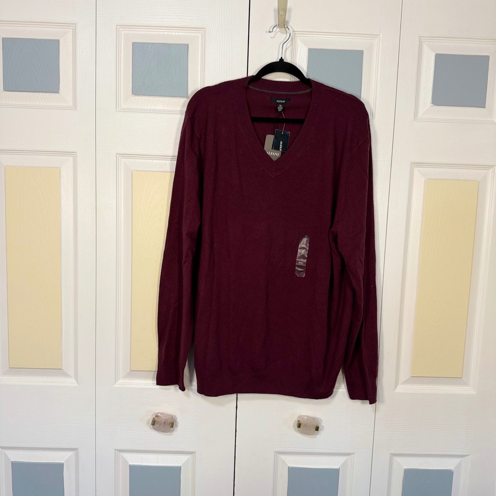 Alfani Mens Burgundy Extrafine Merino Wool Blend V-Neck Sweater XXL NWT